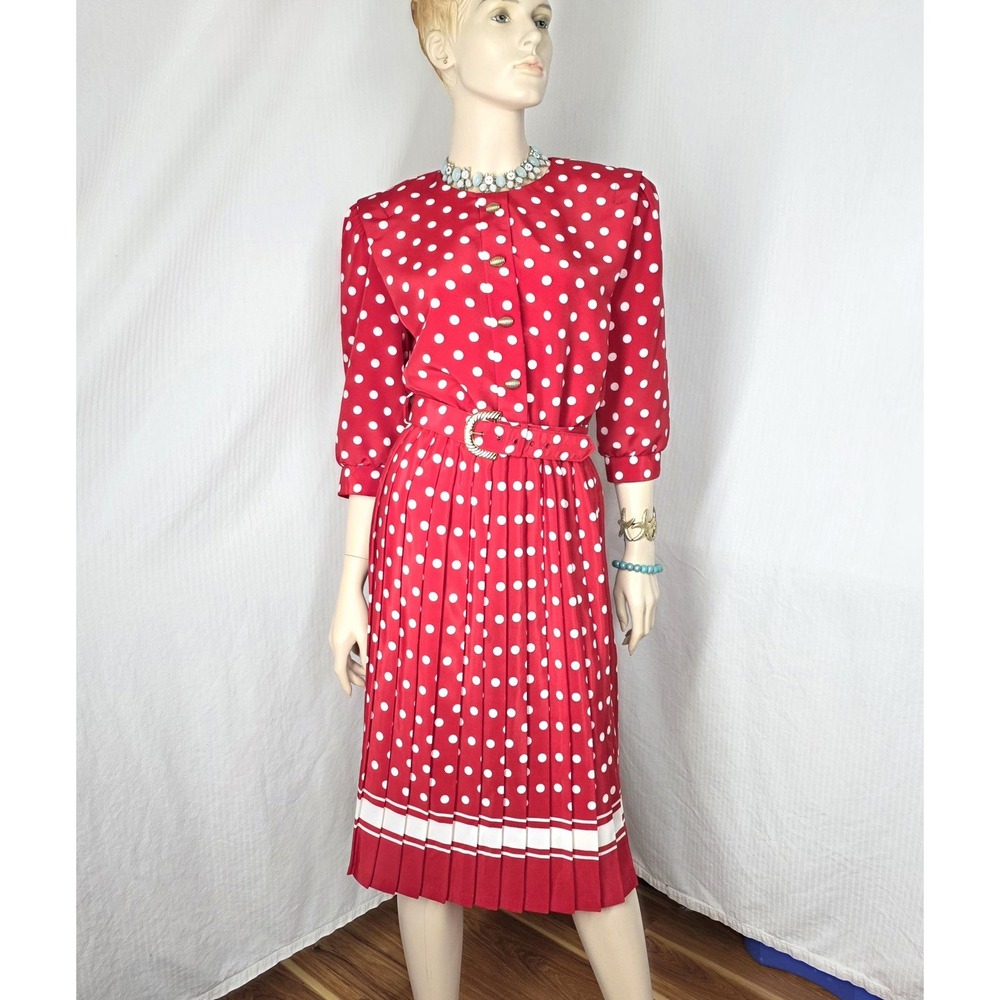 Vintage Breli Originals Dress Womens 6 Red Polka Dot Pleated Belt 80s Rockabilly